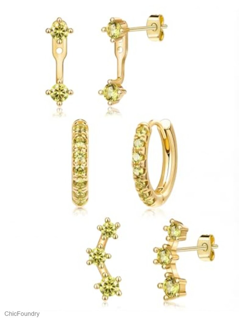 3 Pair Gold Plated Earring Set Hypoallergenic CZ Stud Huggie Hoop Jacket